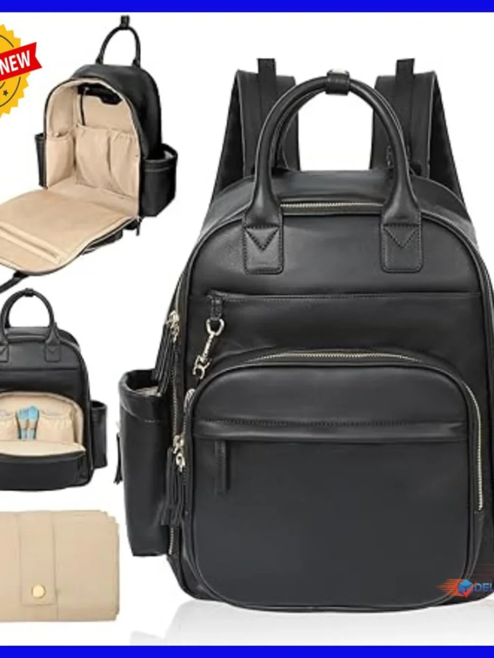 Large Leather Diaper Backpack with 16 Pockets, Changing Pad, Insulated